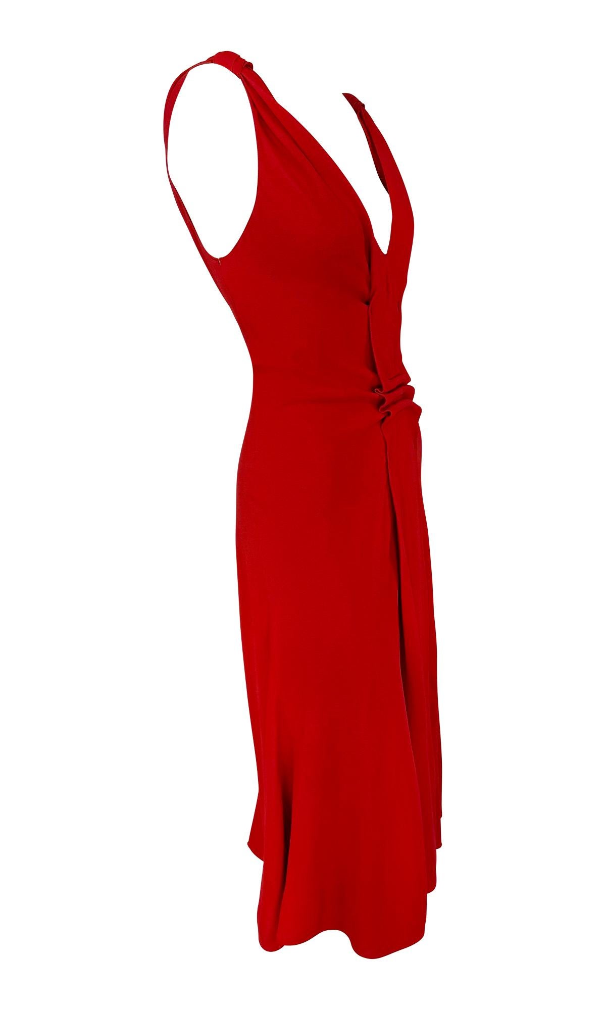 2000s Prada Sleeveless Red Flare Dress Bunched Panel For Sale 1