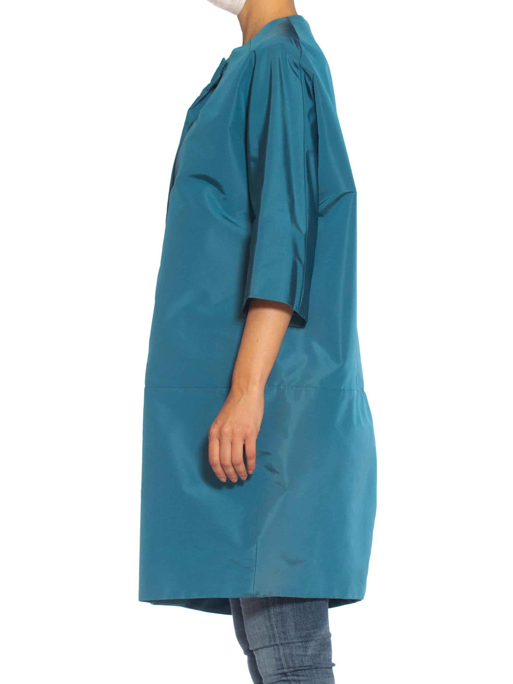 2000S PRADA Teal Silk Faille '60S Balenciaga Style Oversized Lightweight Opera Coat