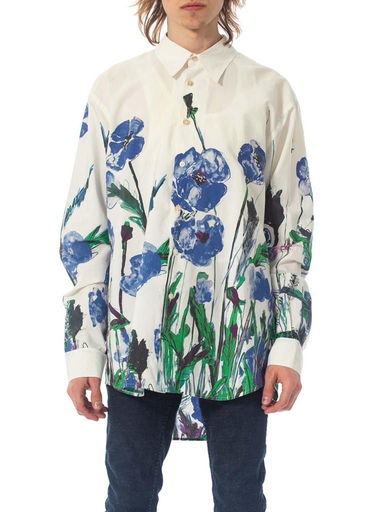 2000S PAUL SMITH White Cotton Men's Shirt With Oversized Blue Floral ...