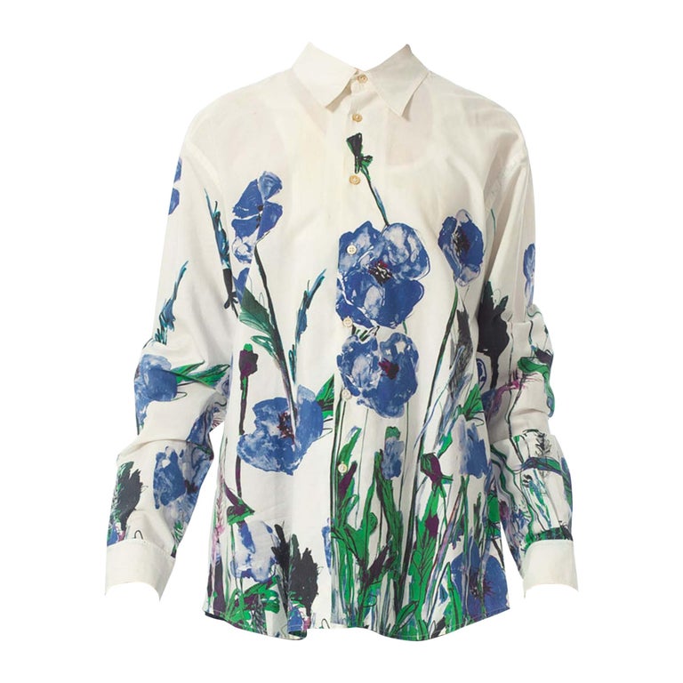 2000S PAUL SMITH White Cotton Men's Shirt With Oversized Blue Floral ...