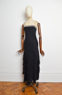 2000er Reine Seide Schwarz Metallic Silber Schrägschnitt Gerafftes Abendkleid