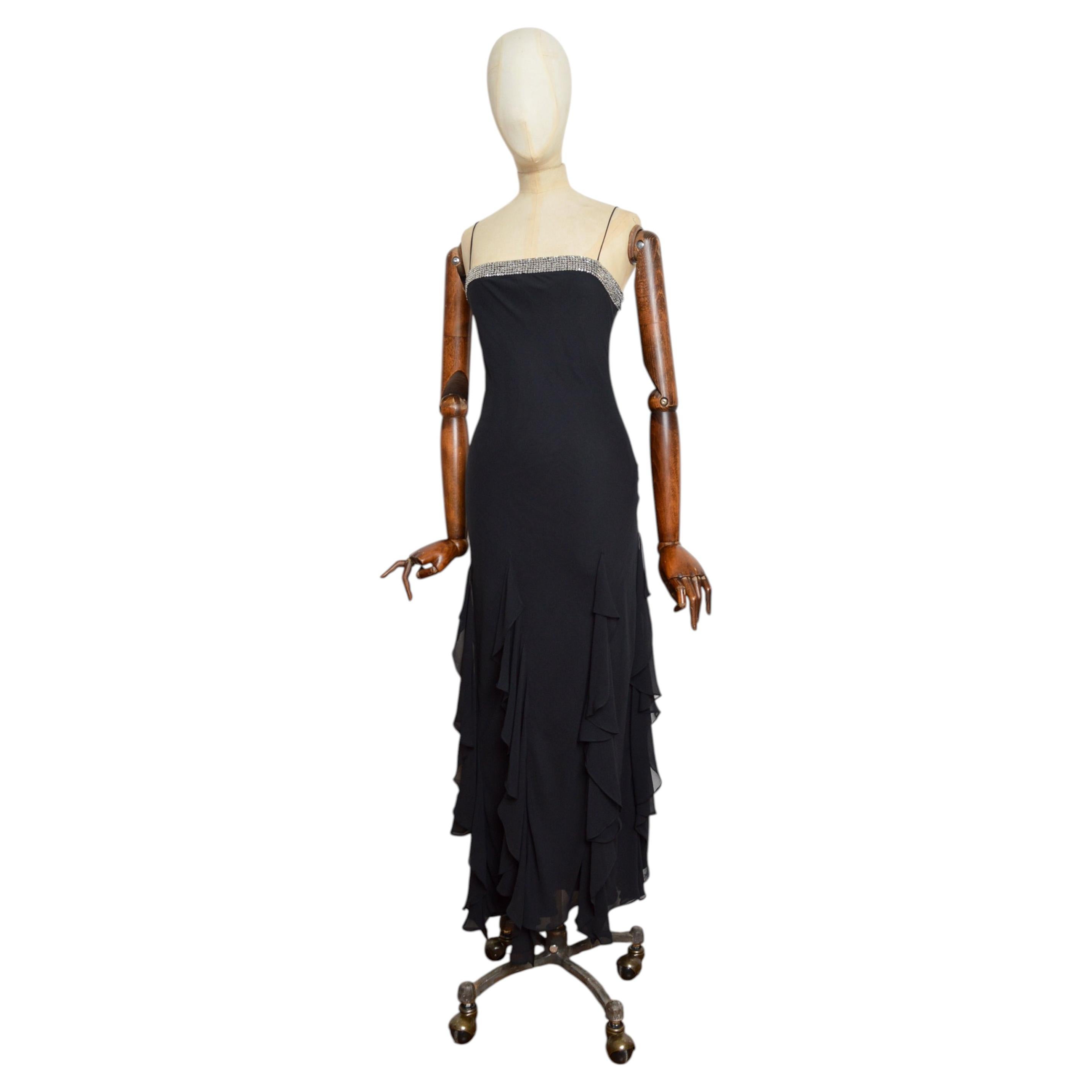 2000s Pure Silk Black Metallic Silver Bias cut Ruffled Evening Dress