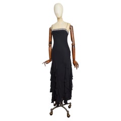 2000er Reine Seide Schwarz Metallic Silber Schrägschnitt Gerafftes Abendkleid