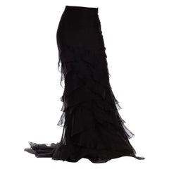 2000S PURPLE LABEL RALPH LAUREN Black Silk Organza Ruffled & Trained Evening Sk
