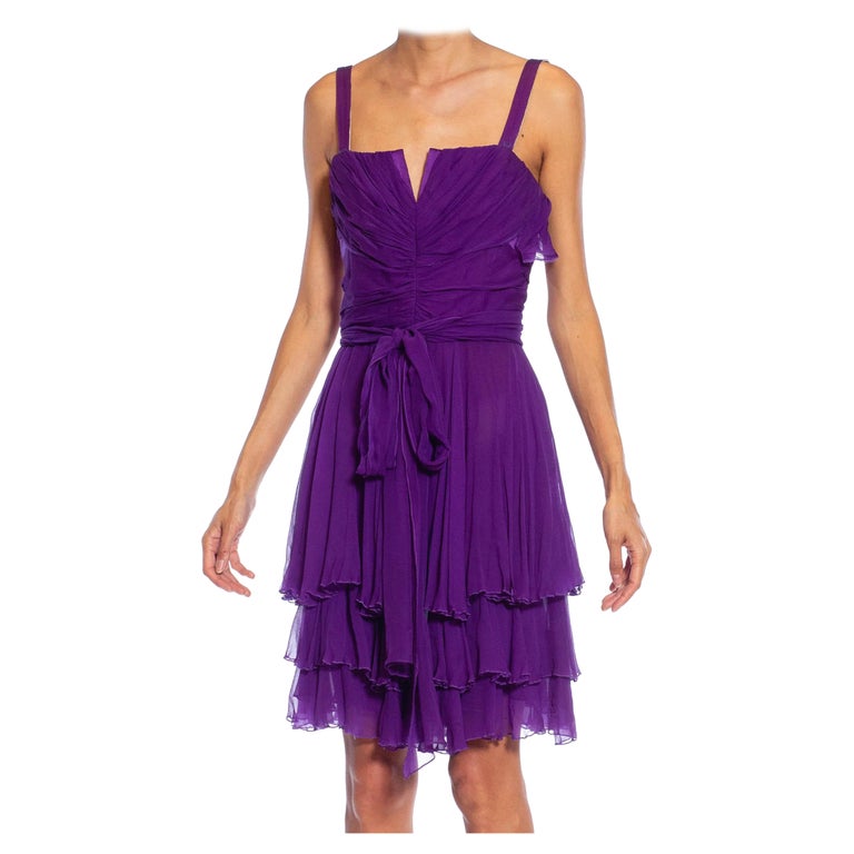 2000s Purple Silk Pleated & Draped Cocktail Dress