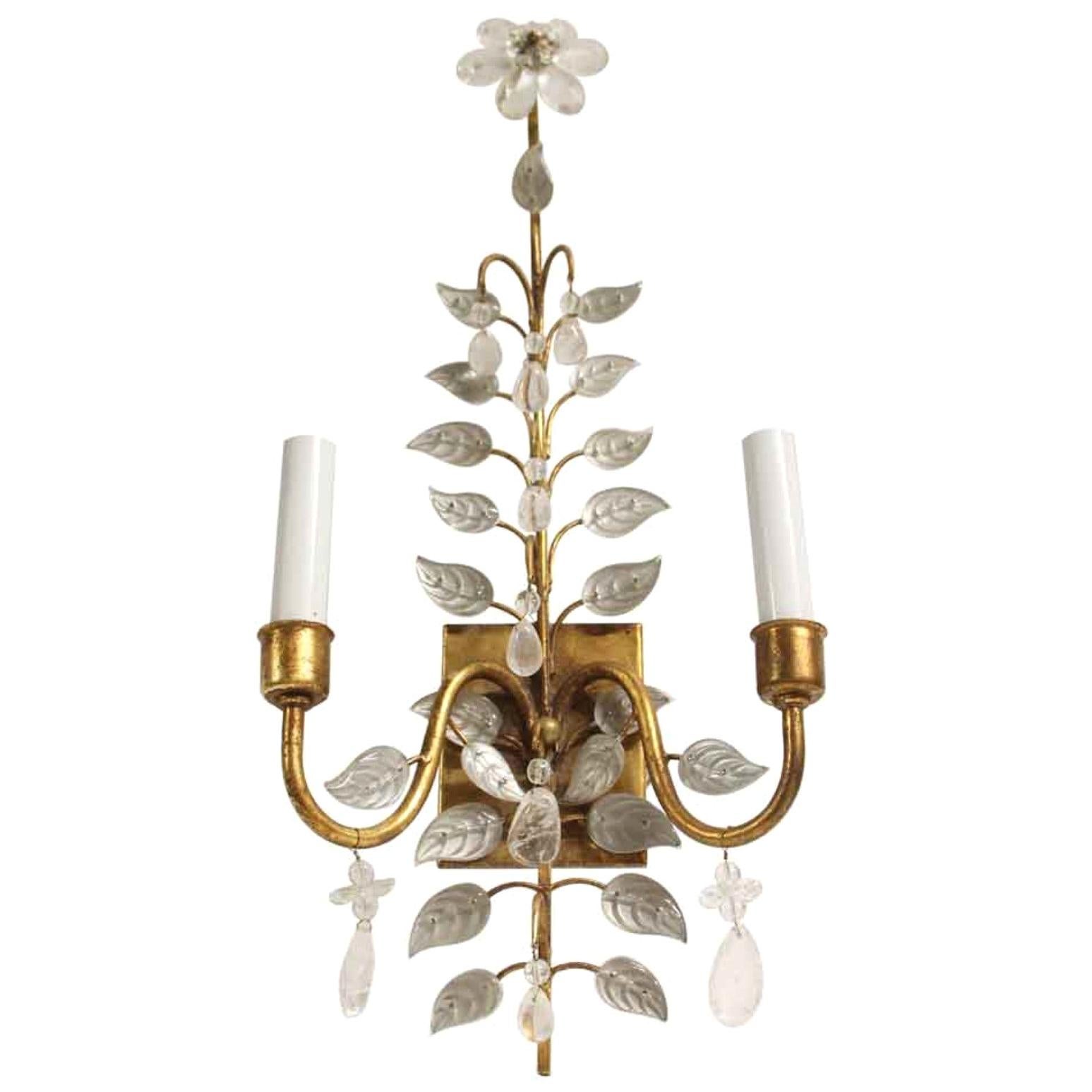 2000s Qty Baguès Style Gold Leaf Wrought Iron and Crystal Wall Sconce