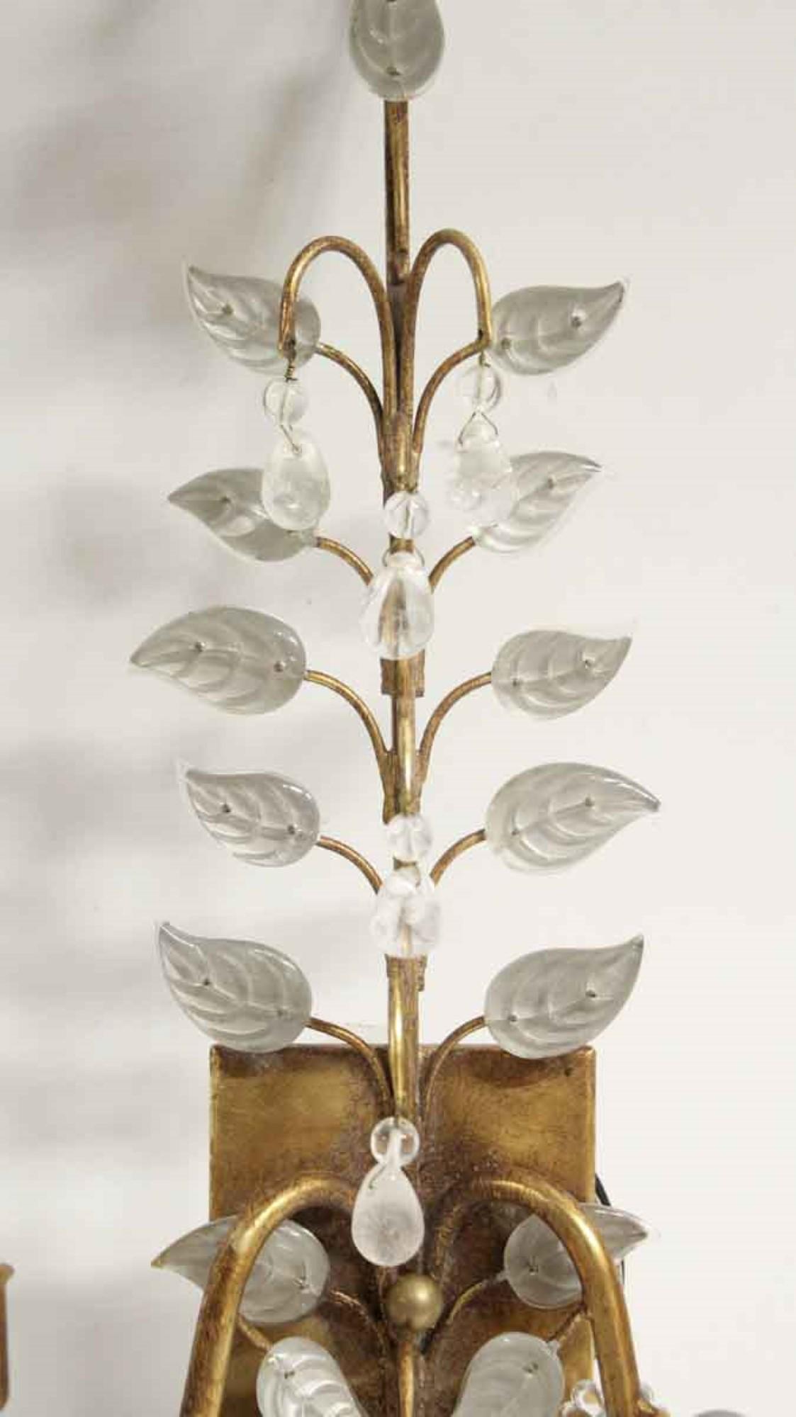 2000s Qty Baguès Style Gold Leaf Wrought Iron and Crystal Wall Sconce 2