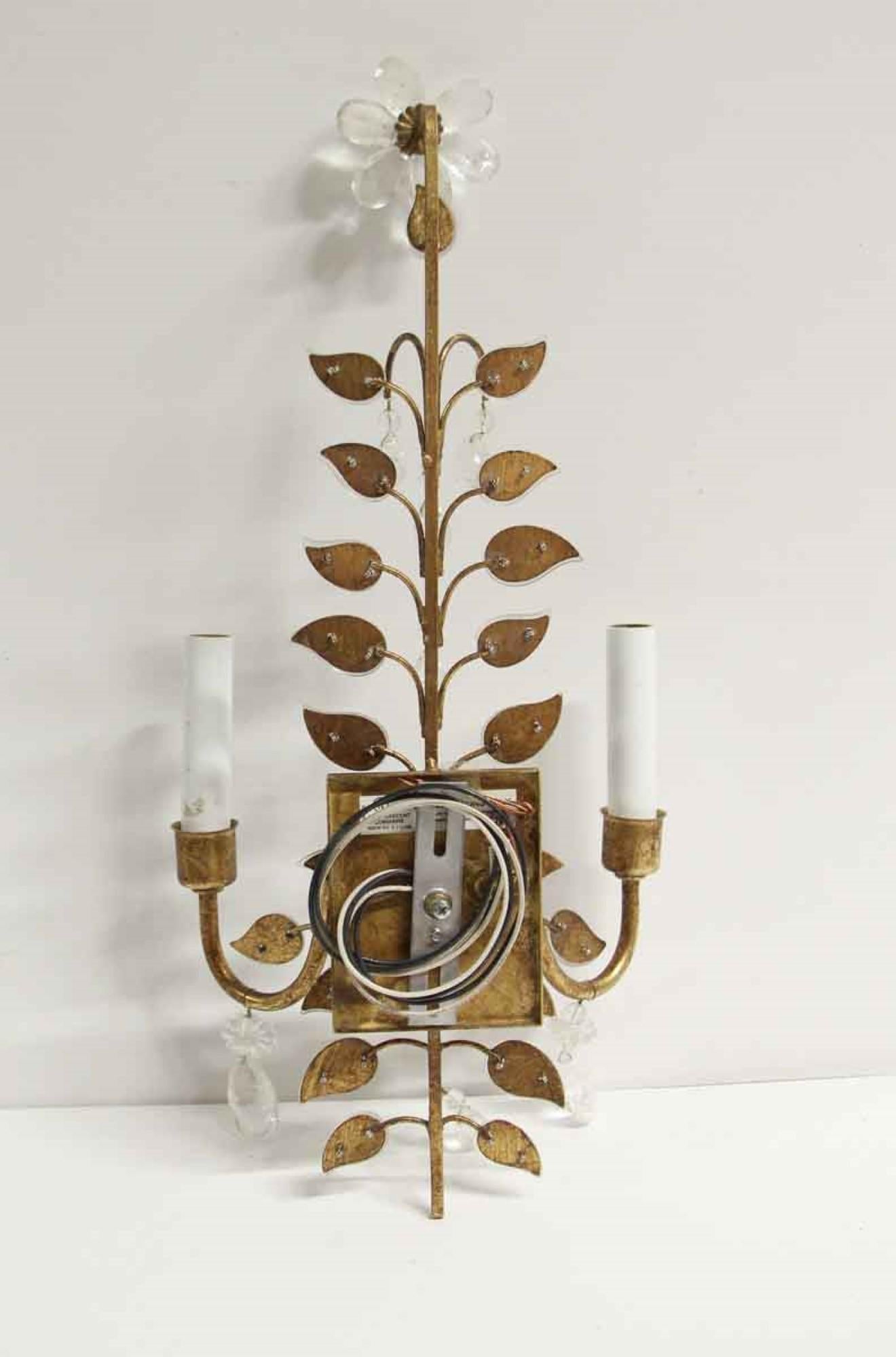 2000s Qty Baguès Style Gold Leaf Wrought Iron and Crystal Wall Sconce 4