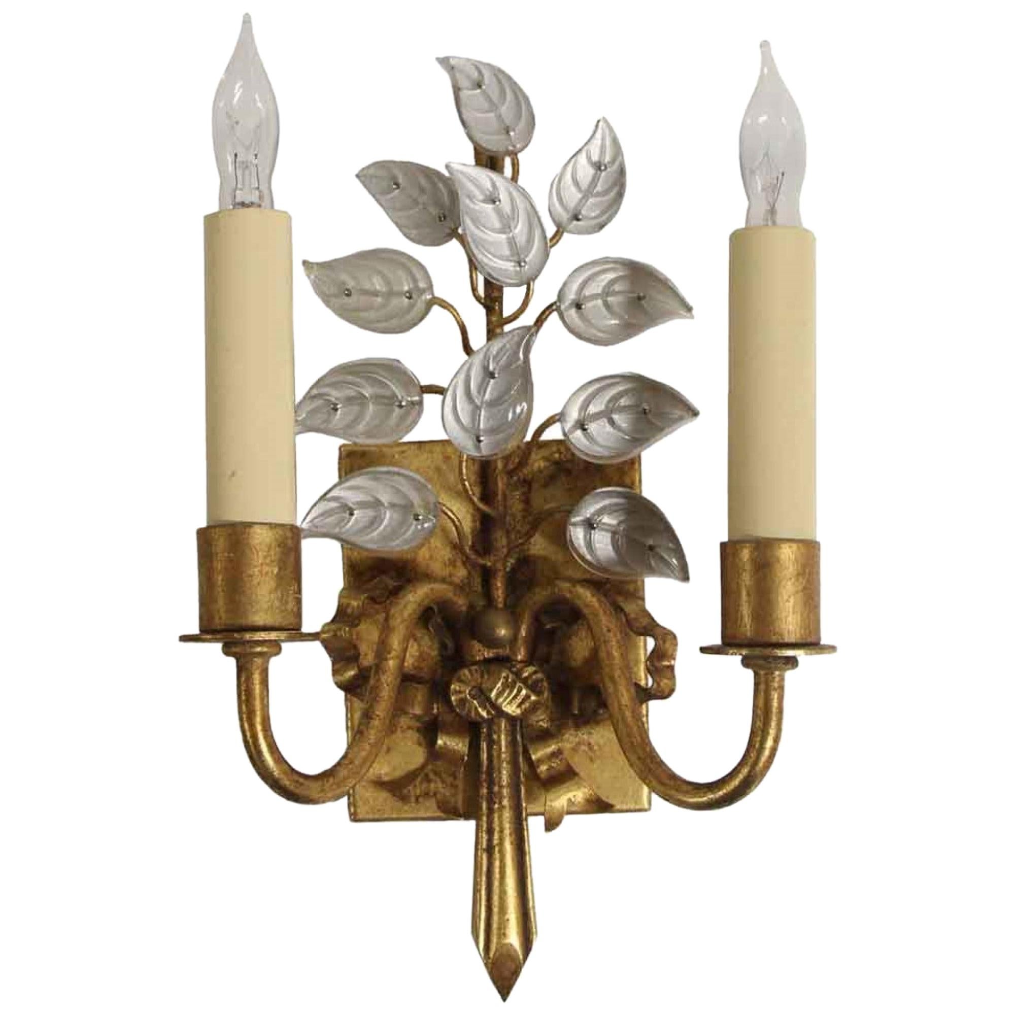 2000s Baguès Style Gold Leaf Wrought Iron and Crystal Sconce