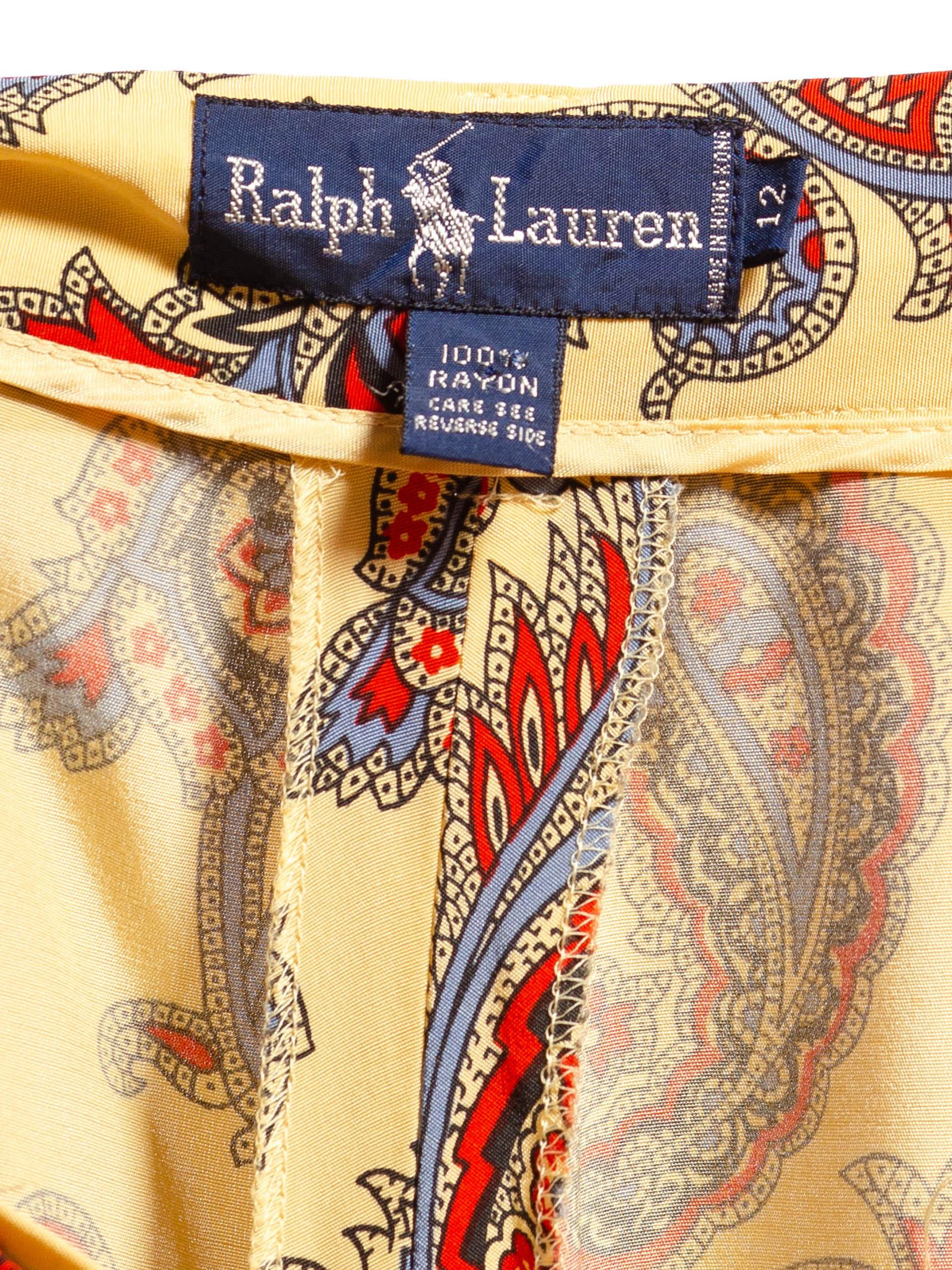 2000S Ralph Lauren Butter Yellow Blue & Red Rayon Paisley Print Wide Leg Pants For Sale 3