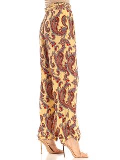 2000S RALPH LAUREN Butter Yellow Blue & Red Rayon Paisley Print Wide Leg Pants