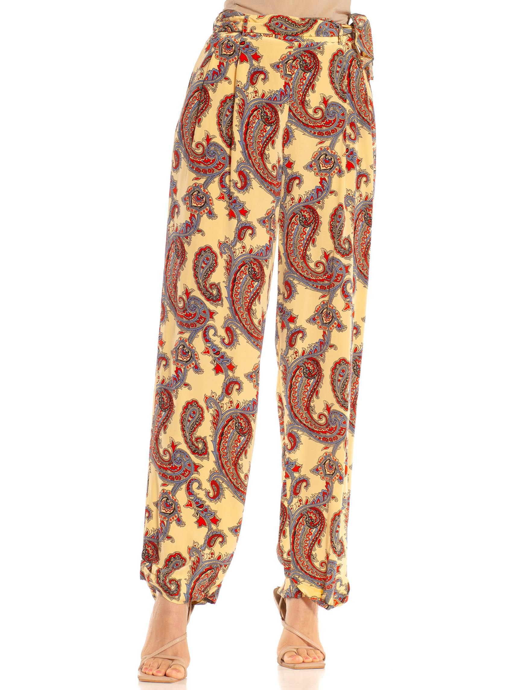 Brown 2000S Ralph Lauren Butter Yellow Blue & Red Rayon Paisley Print Wide Leg Pants For Sale