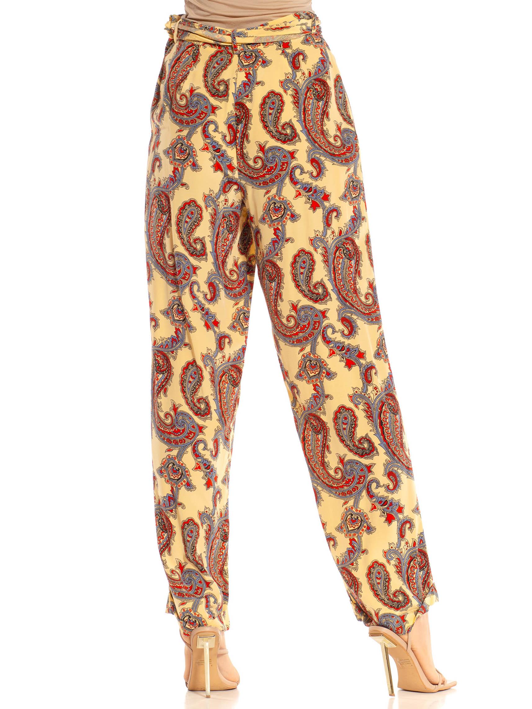 2000S Ralph Lauren Butter Yellow Blue & Red Rayon Paisley Print Wide Leg Pants For Sale 2