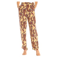 2000S RALPH LAUREN Butter Yellow Blue & Red Rayon Paisley Print Wide Leg Pants