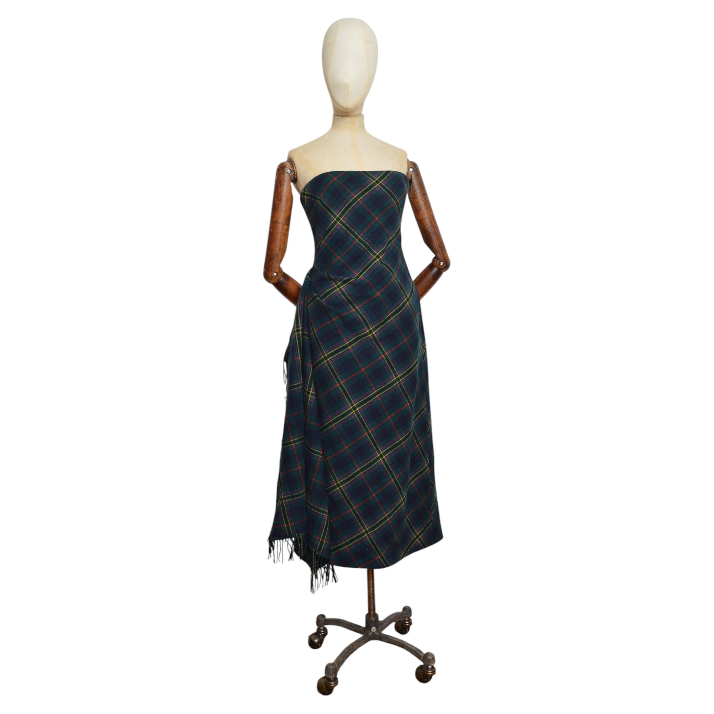 2000's Ralph Lauren Cashmere Blend Tartan Plaid Strapless Evening Dress
