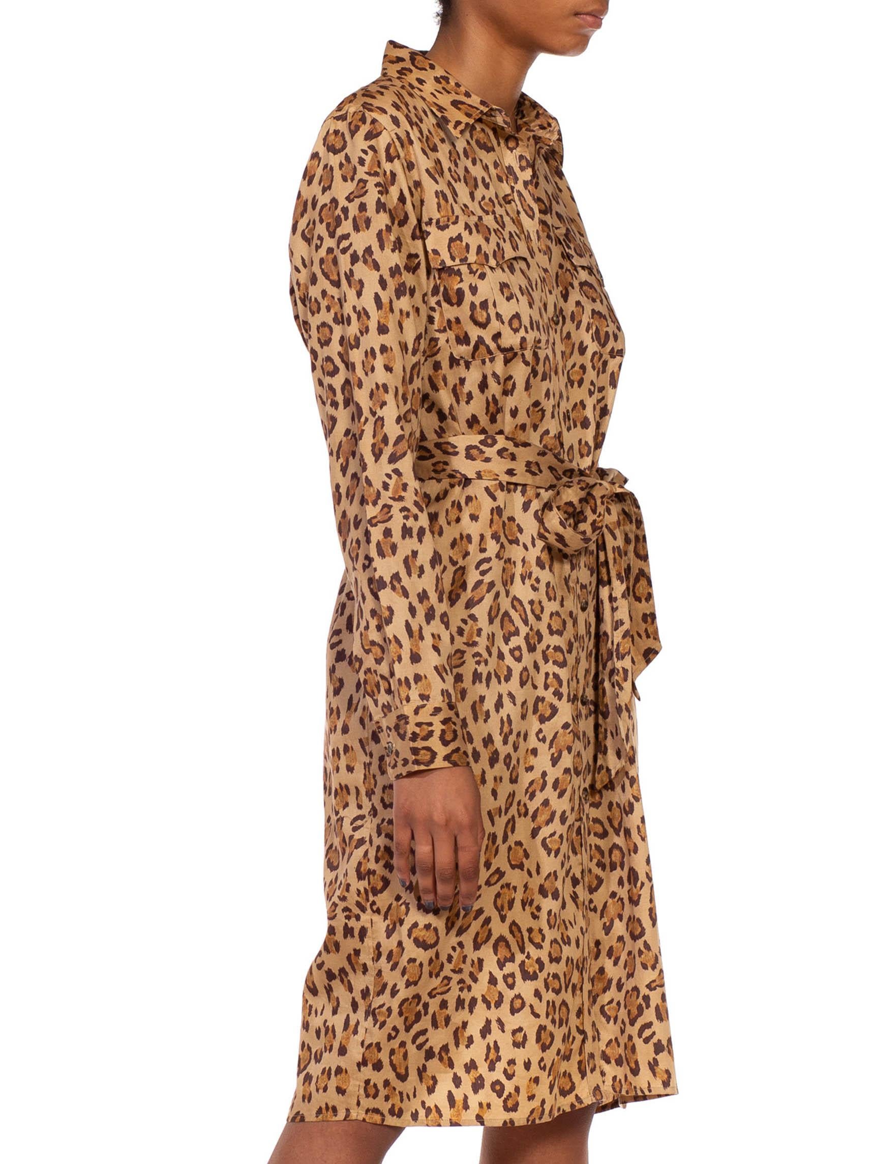 2000S RALPH LAUREN Leopard Print Brown Cotton Sateen Safari Shirt Dress In Excellent Condition In New York, NY