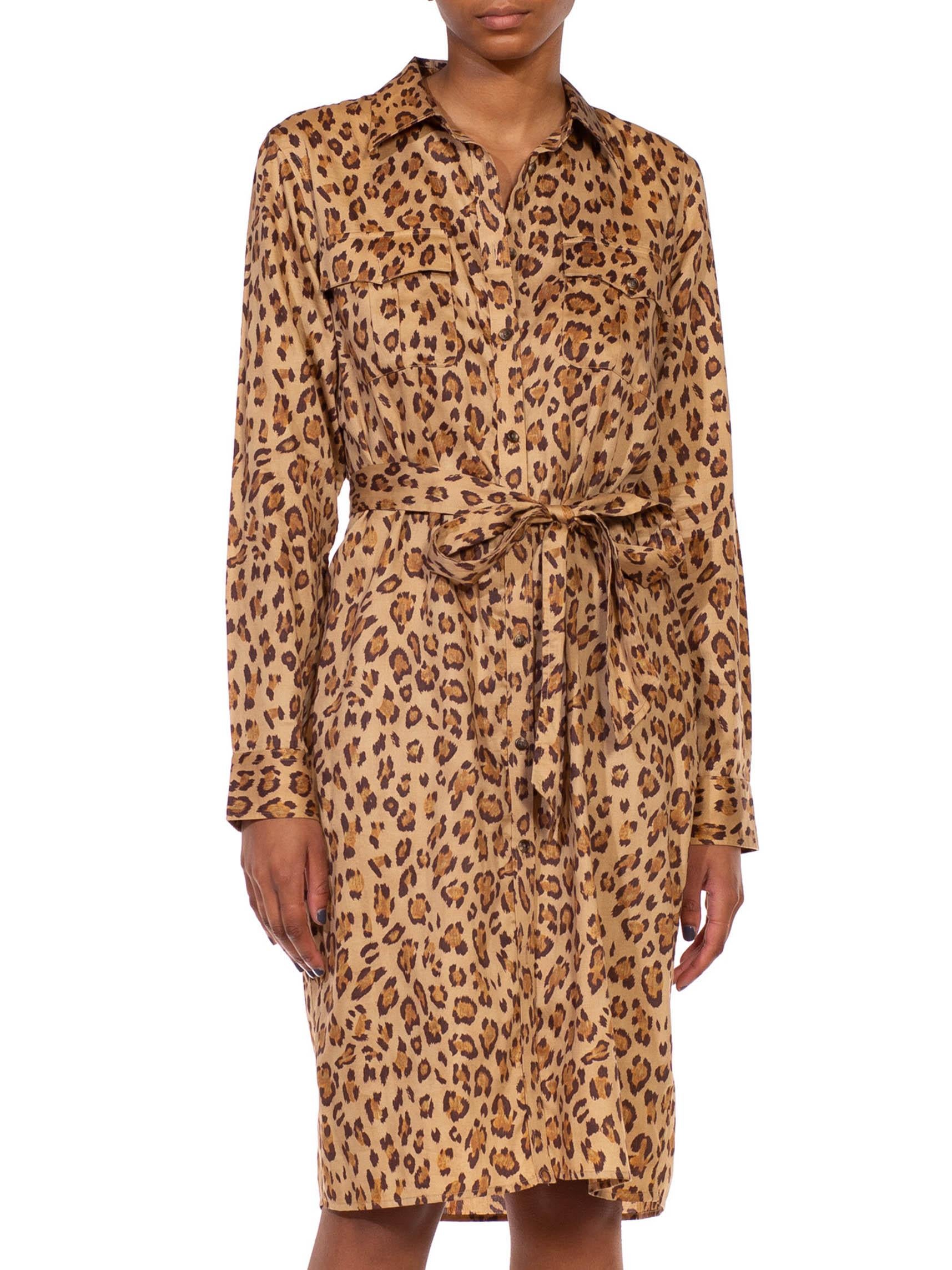Women's 2000S RALPH LAUREN Leopard Print Brown Cotton Sateen Safari Shirt Dress