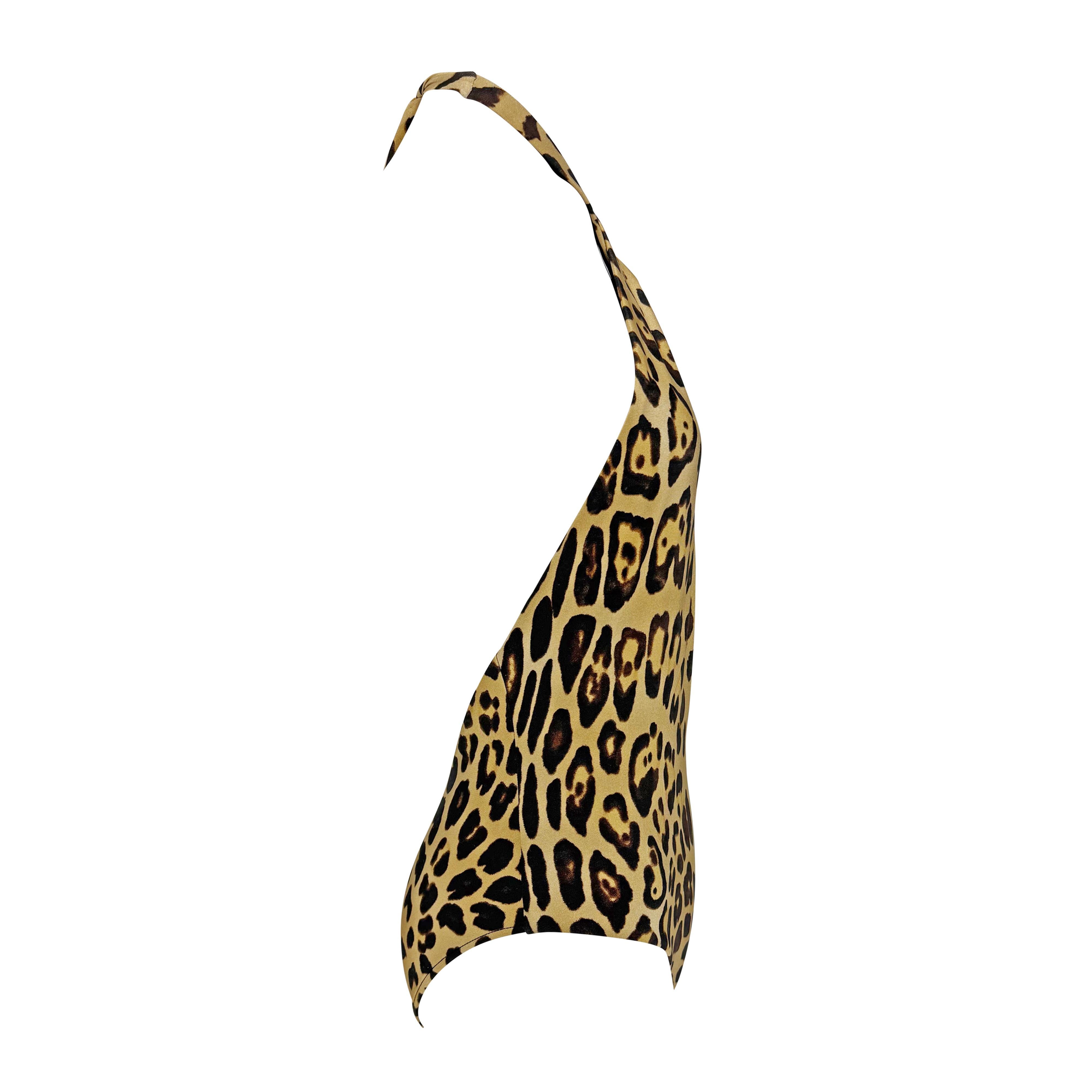 2000s Ralph Lauren Leopard Print Plunging Halter Tie One-Piece Badeanzug (Braun) im Angebot