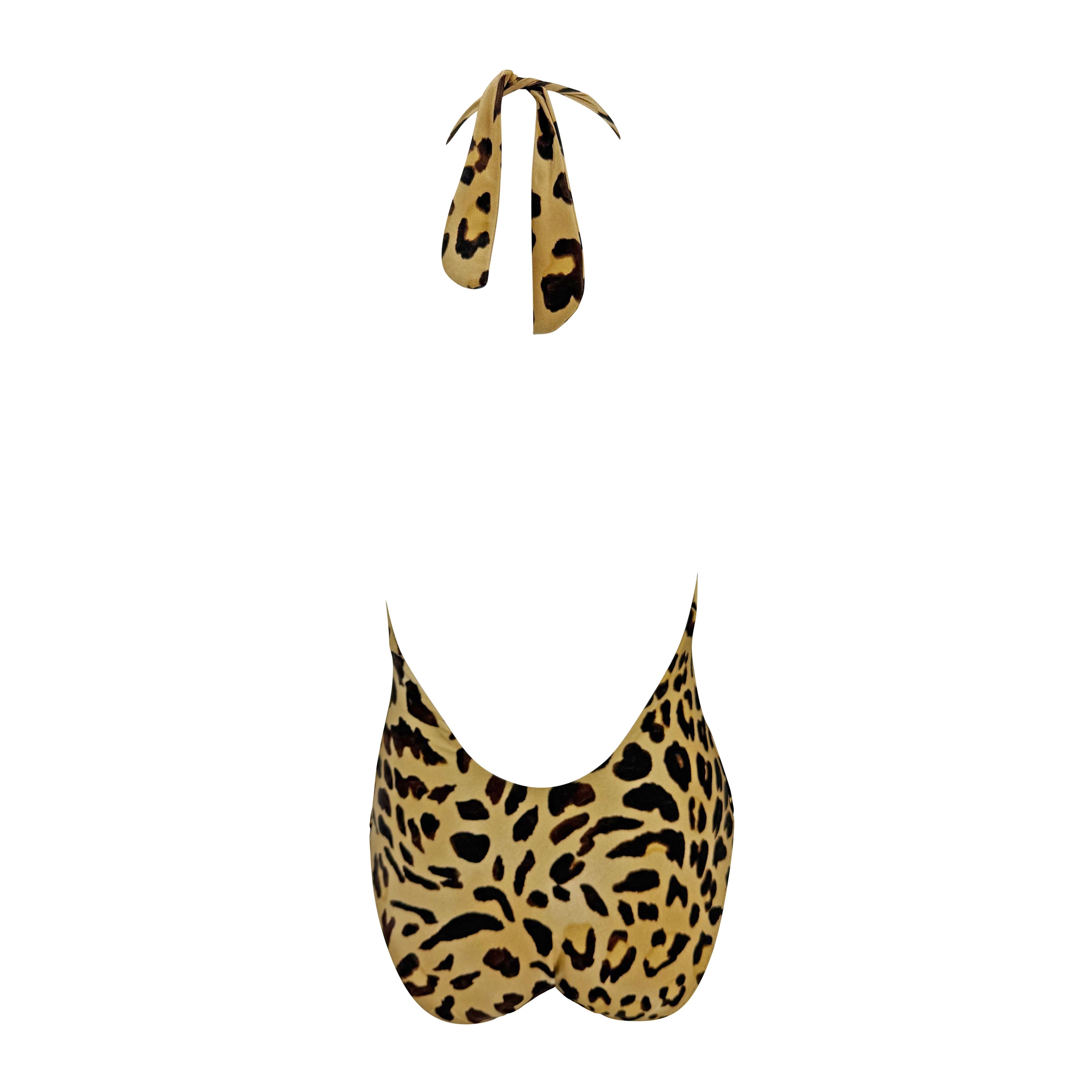 2000s Ralph Lauren Leopard Print Plunging Halter Tie One-Piece Badeanzug im Zustand „Hervorragend“ im Angebot in West Hollywood, CA