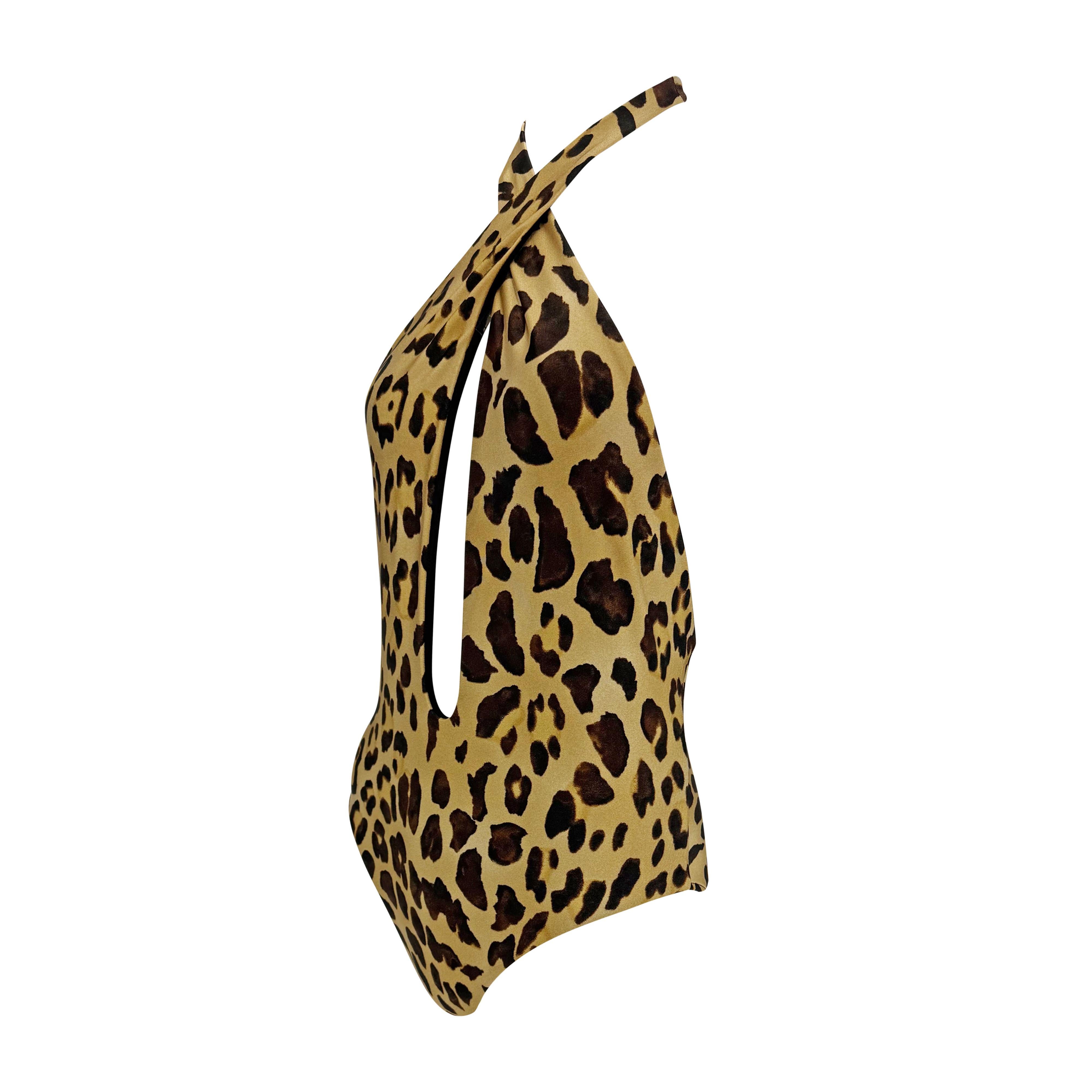 2000s Ralph Lauren Leopard Print Plunging Halter Tie One-Piece Badeanzug im Angebot 1