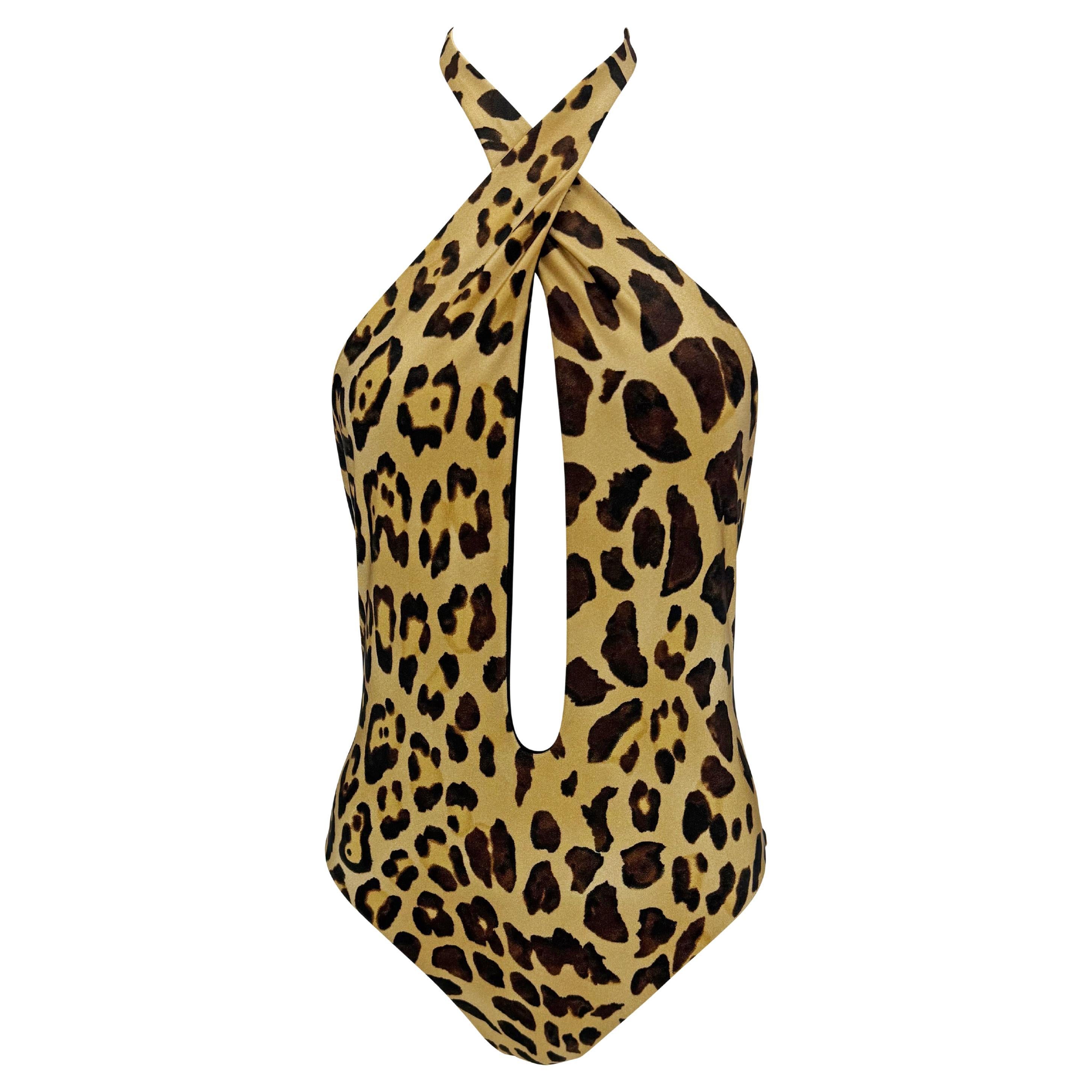 2000s Ralph Lauren Leopard Print Plunging Halter Tie One-Piece Badeanzug im Angebot
