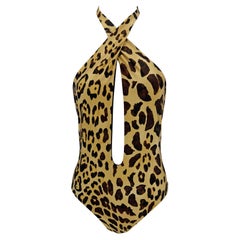 2000s Ralph Lauren Leopard Print Plunging Halter Tie One-Piece Swim Suit