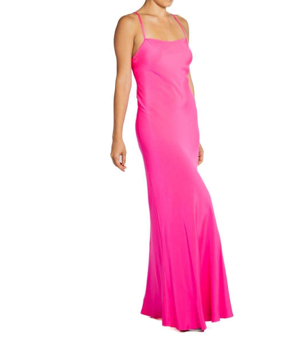 2000S Ralph Lauren Neon Pink Silk Faille Bias Cut Gown In Excellent Condition For Sale In New York, NY