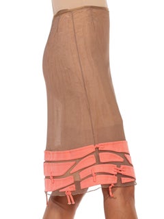 2000S RALPH RUCCI Ecru Silk Net Skirt With Signature Appliqué Hem