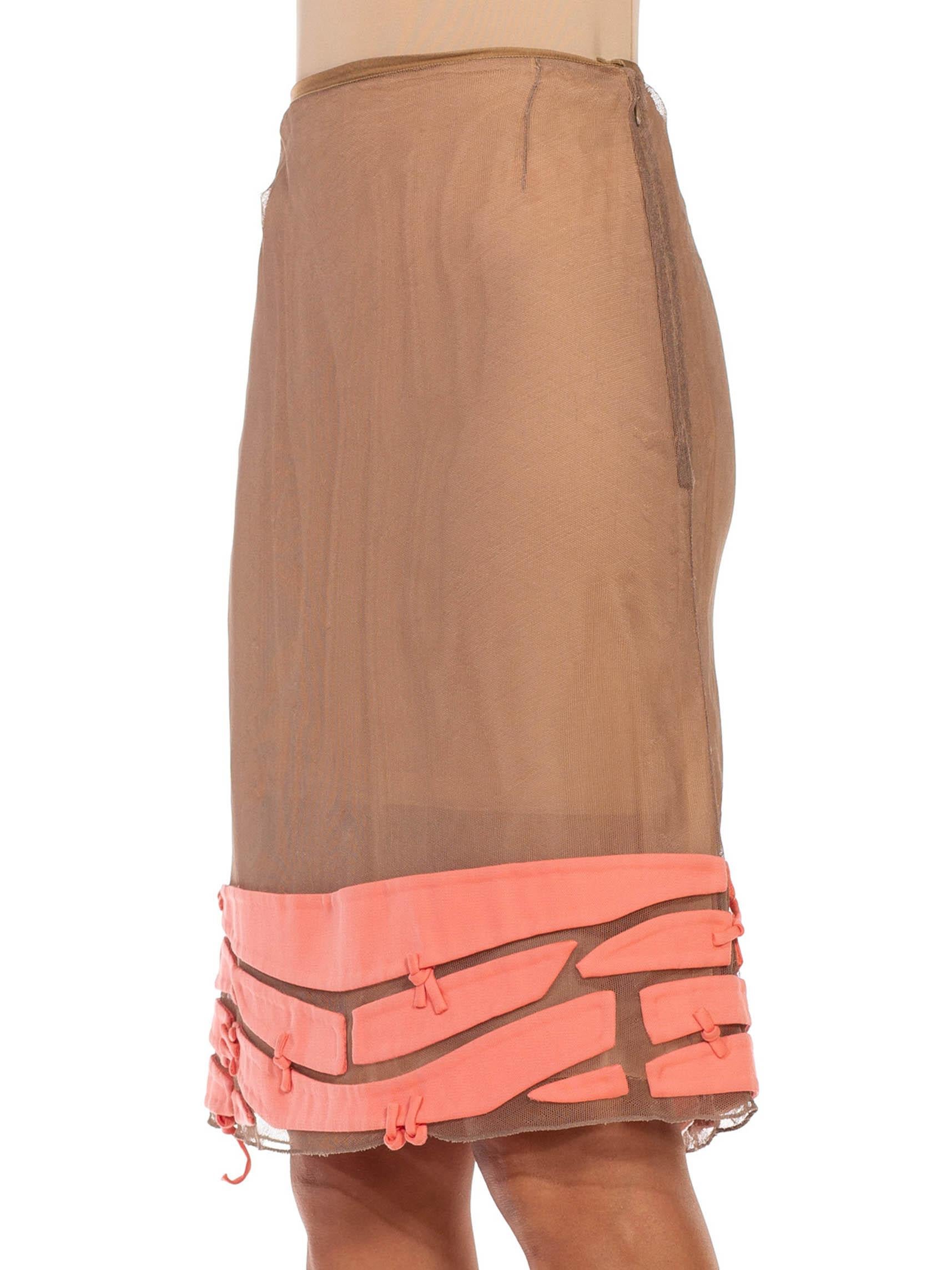 Women's 2000S RALPH RUCCI Ecru Silk Net Skirt With Signature Appliqué Hem For Sale