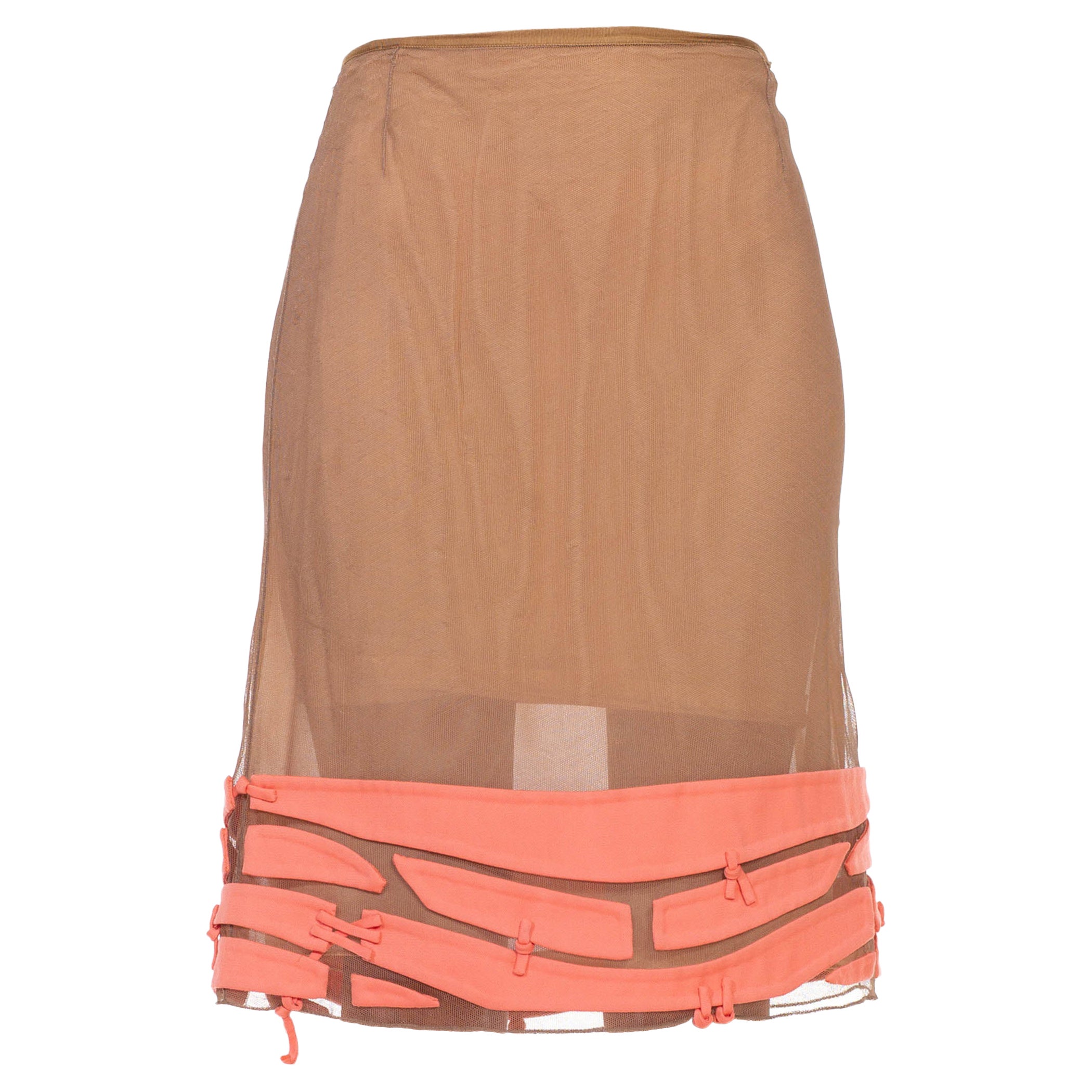 2000S RALPH RUCCI Ecru Silk Net Skirt With Signature Appliqué Hem