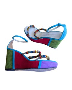 2000s Ramon Tenza Chaussures compensées en daim Color-Block - Bretelles en perles multicolores
