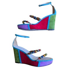 2000s Ramon Tenza Chaussures compensées en daim Color-Block - Bretelles en perles multicolores