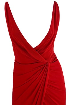 2000s Randolph Duke Red Plunging Neckline High-Slit Stretch Faux-Wrap Gown