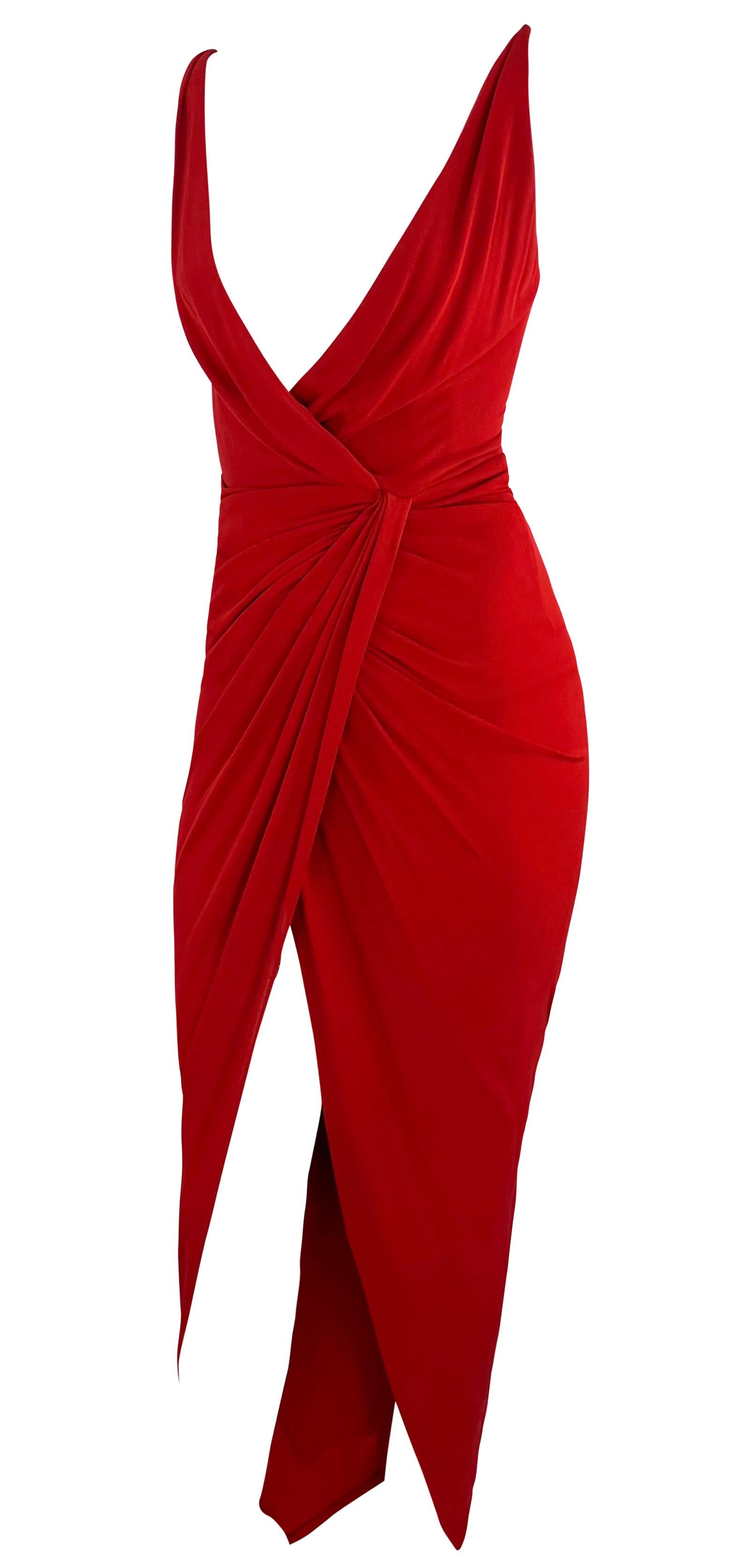 2000s Randolph Duke Red Plunging Neckline High-Slit Stretch Faux-Wrap Gown In Good Condition For Sale In West Hollywood, CA