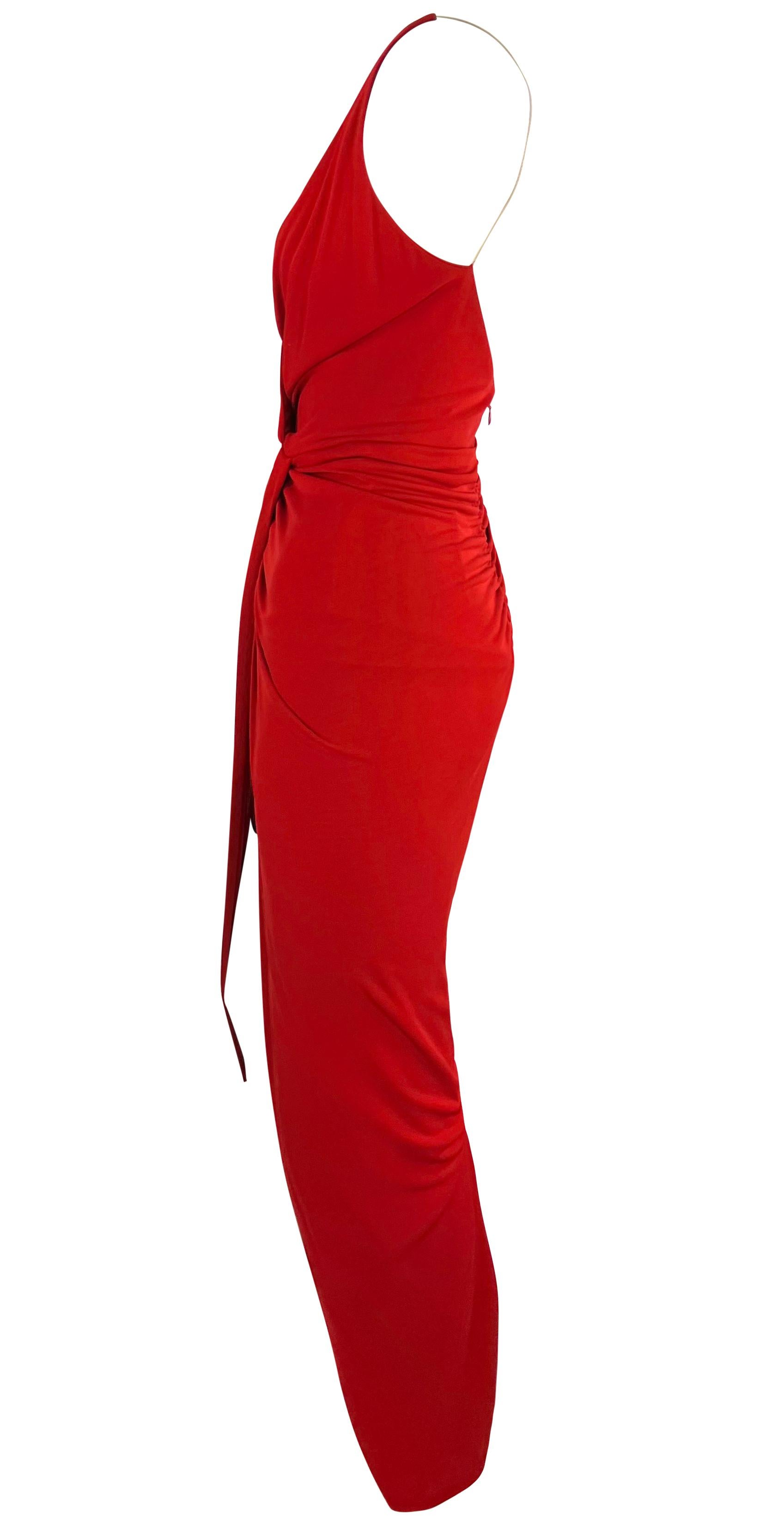 Women's 2000s Randolph Duke Red Plunging Neckline High-Slit Stretch Faux-Wrap Gown For Sale
