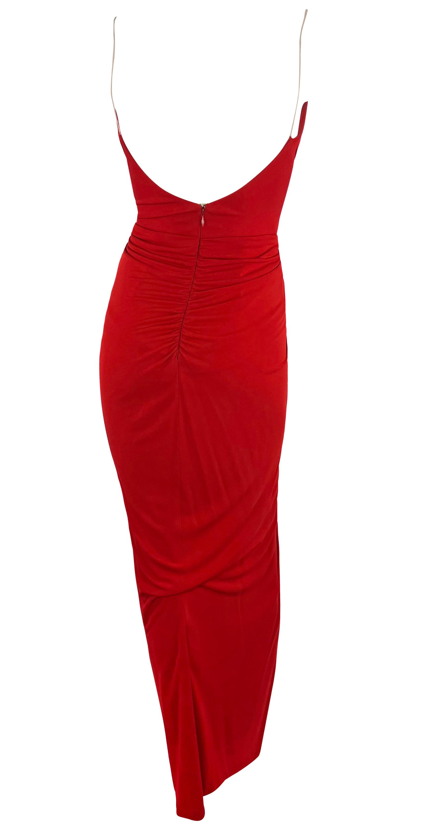 2000s Randolph Duke Red Plunging Neckline High-Slit Stretch Faux-Wrap Gown For Sale 1