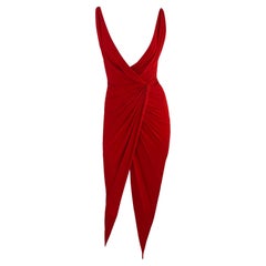 Vintage 2000s Randolph Duke Red Plunging Neckline High-Slit Stretch Faux-Wrap Gown