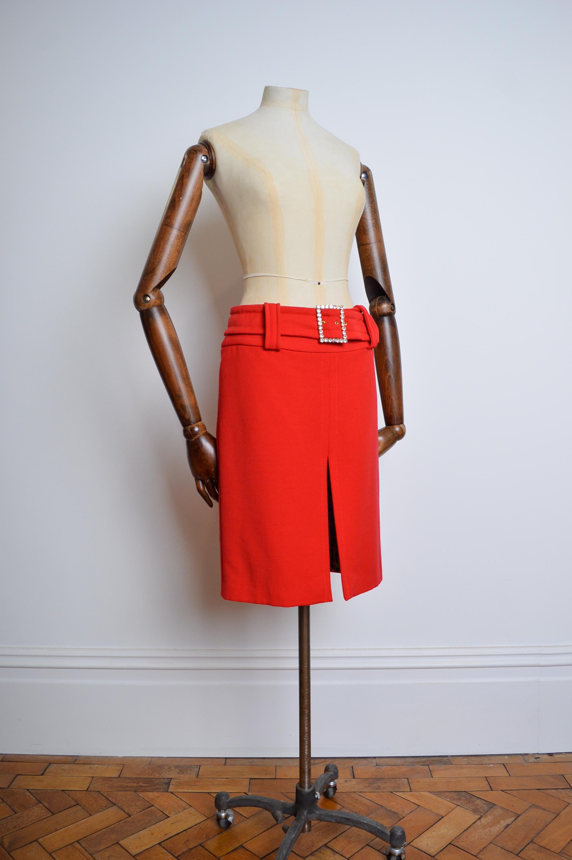 2000's Red Jewelled DOLCE & GABBANA High Waisted Diamonté buckle Pencil Skirt For Sale 7