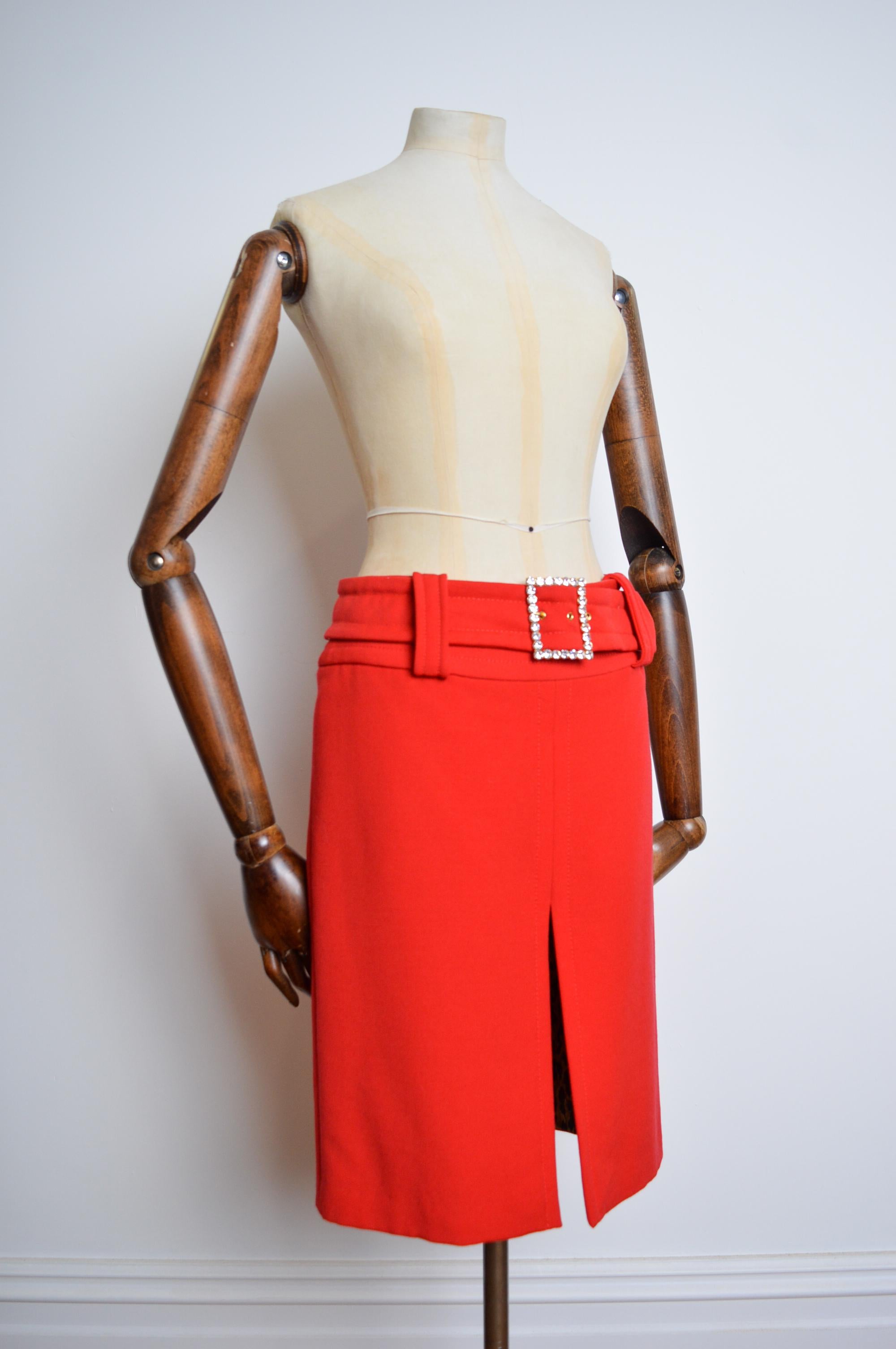 2000's Red Jewelled DOLCE & GABBANA High Waisted Diamonté buckle Pencil Skirt For Sale 5