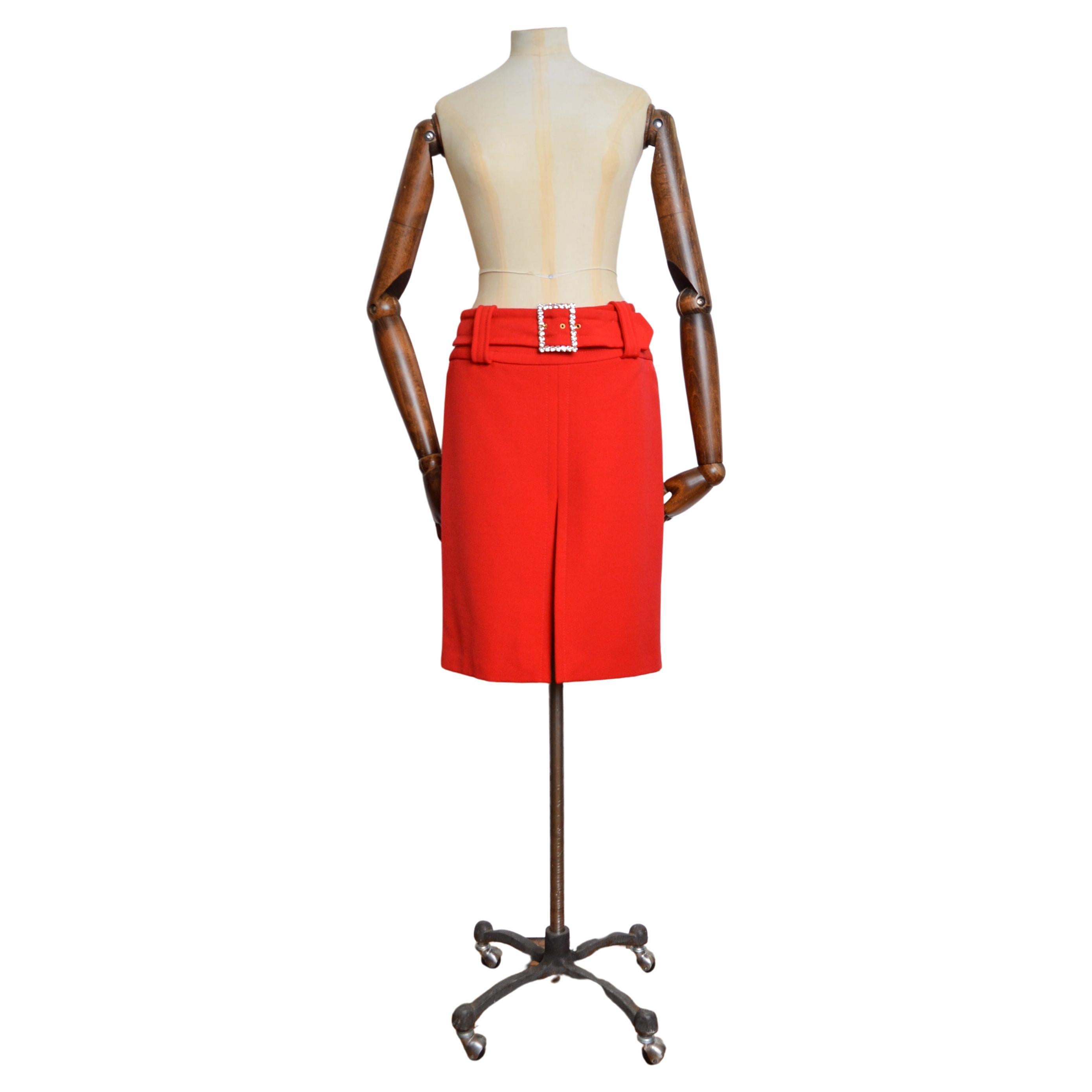 2000's Red Jewelled DOLCE & GABBANA High Waisted Diamonté buckle Pencil Skirt For Sale