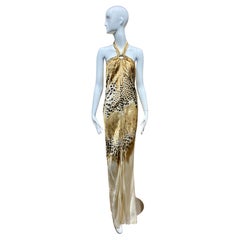 2000s Roberto Cavalli Animal Print Halter Silk Gown
