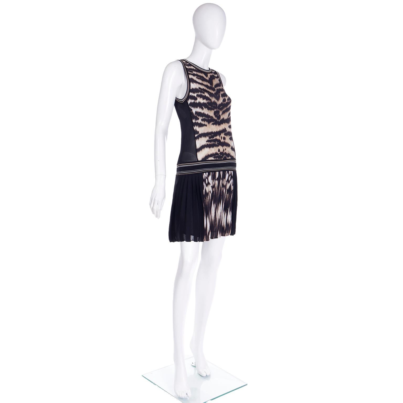 Black 2000s Roberto Cavalli Animal Print Sleeveless Drop Waist Dress w Pleated Skirt For Sale