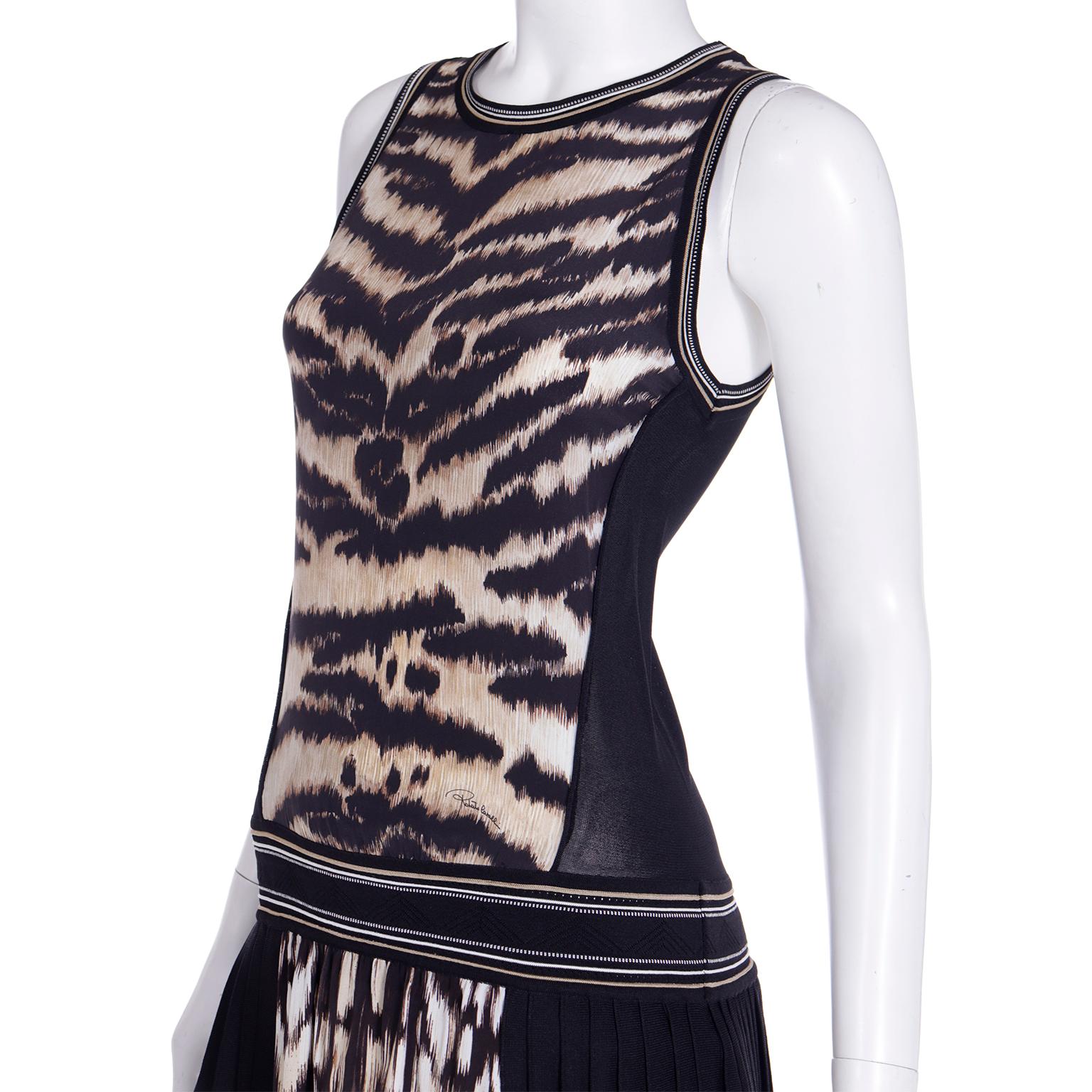 2000s Roberto Cavalli Animal Print Sleeveless Drop Waist Dress w Pleated Skirt For Sale 1