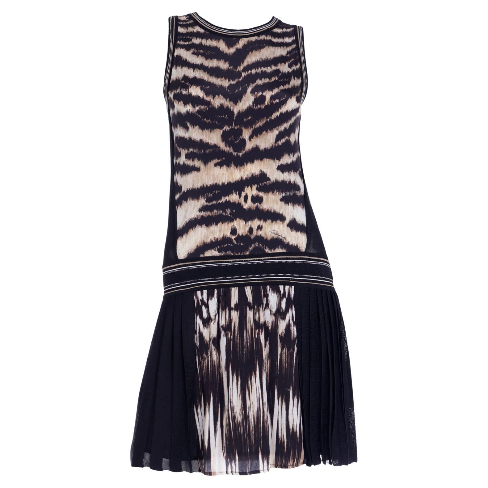 2000s Roberto Cavalli Animal Print Sleeveless Drop Waist Dress w Pleated Skirt