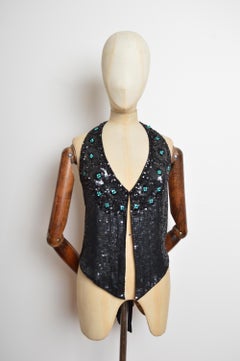 2000s Roberto Cavalli lentejuelas con cuentas Cuello halter negro - Crop Top