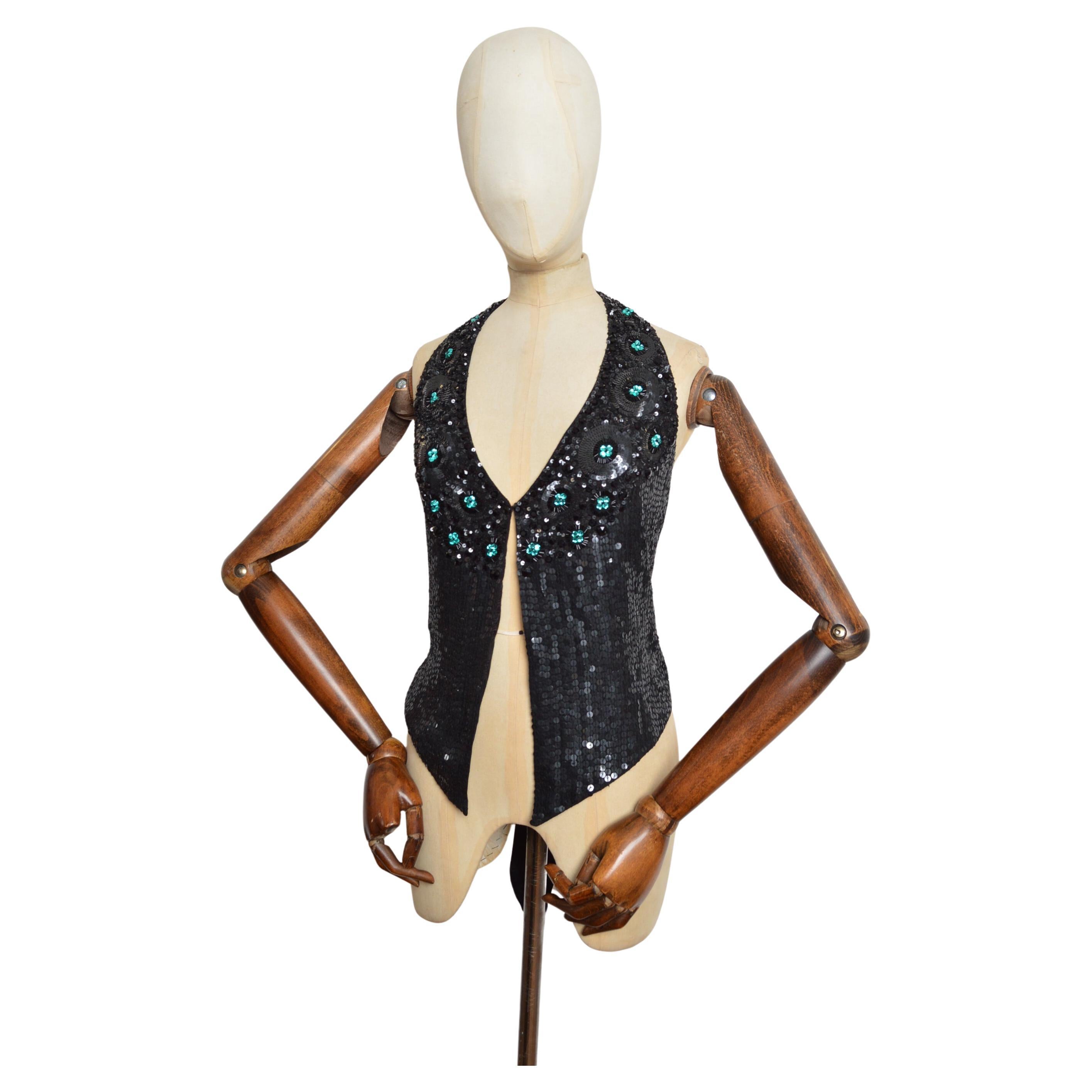 2000s Roberto Cavalli perles paillettes noir dos nu - Crop Top en vente