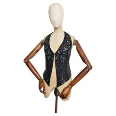 2000s Roberto Cavalli beaded Sequin Black halter Neck - Crop Top