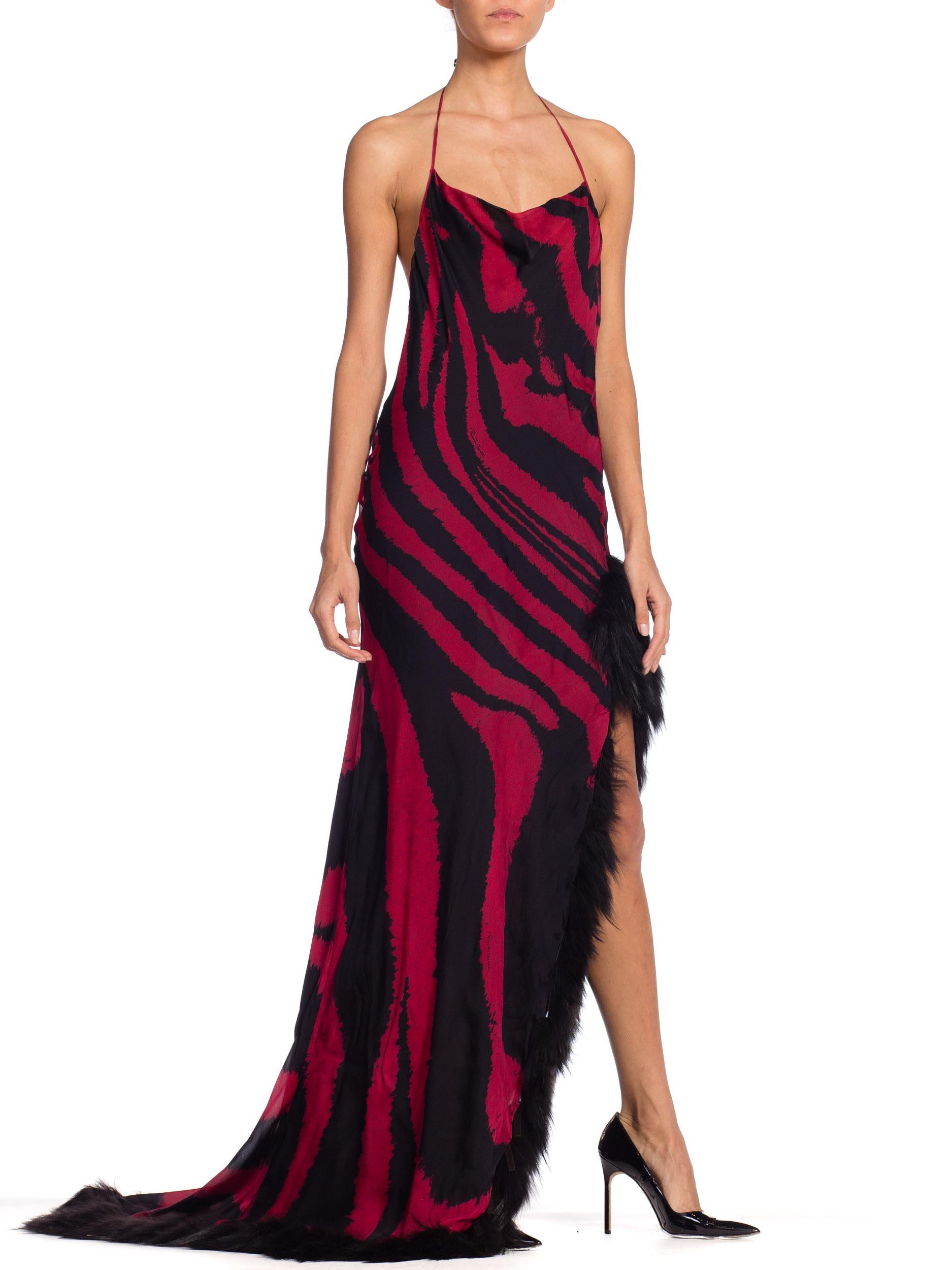 2000s Roberto Cavalli Bias Silk Chiffon Animal Print Slit Gown with Fur NWT 5