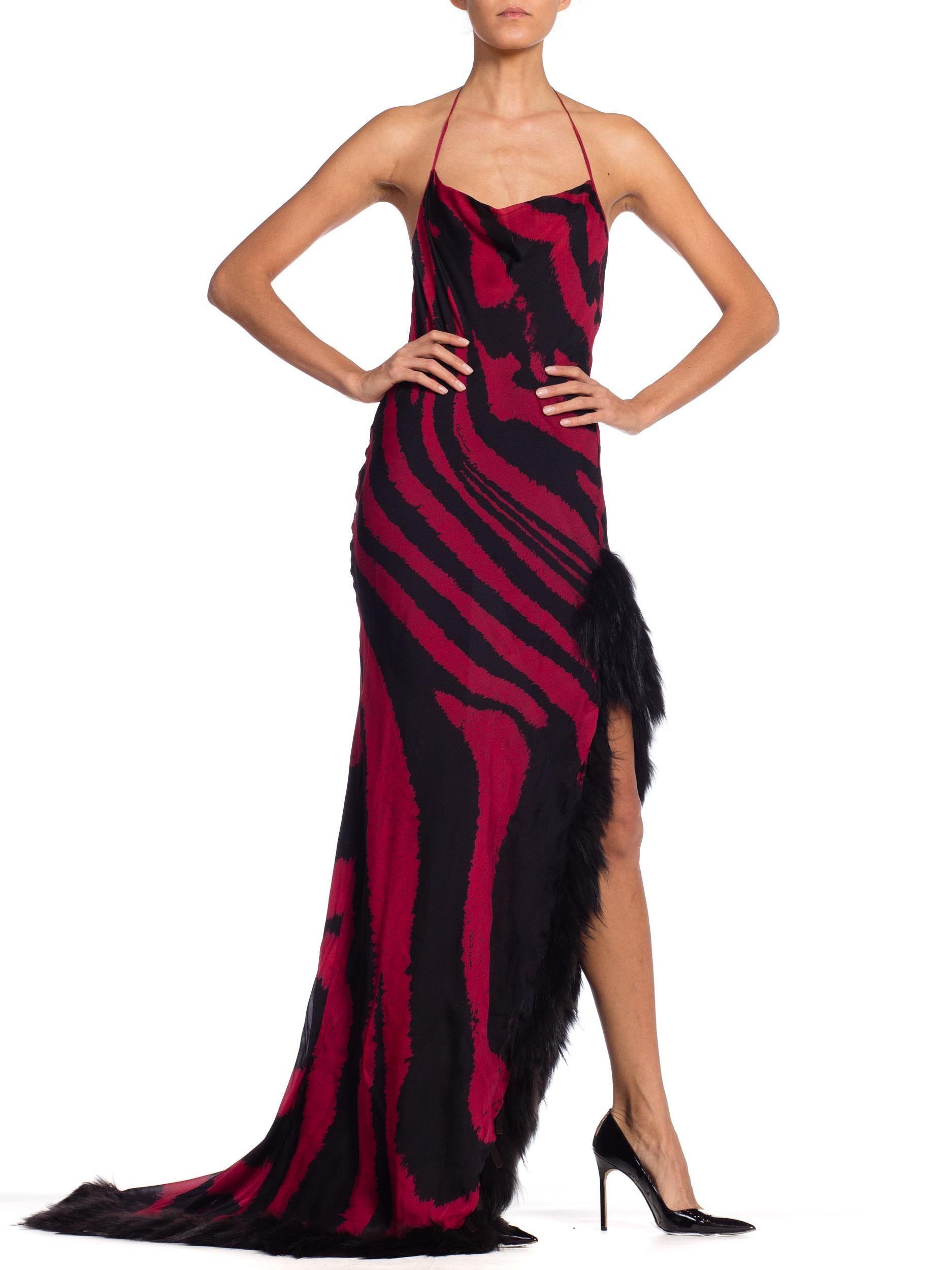 2000s Roberto Cavalli Bias Silk Chiffon Animal Print Slit Gown with Fur NWT 6