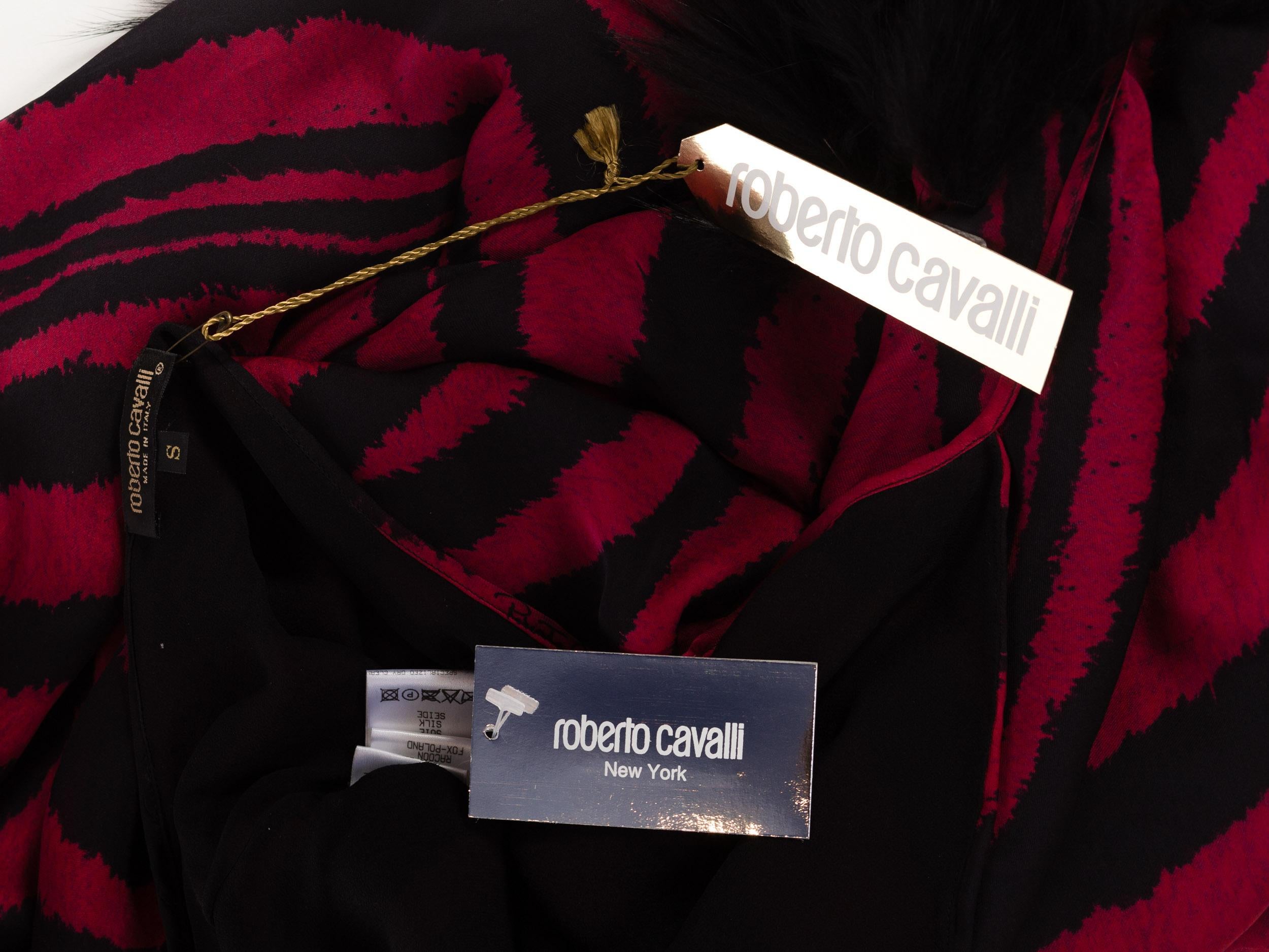2000s Roberto Cavalli Bias Silk Chiffon Animal Print Slit Gown with Fur NWT 8